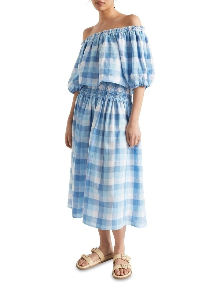 Linen Check Shirred Skirt