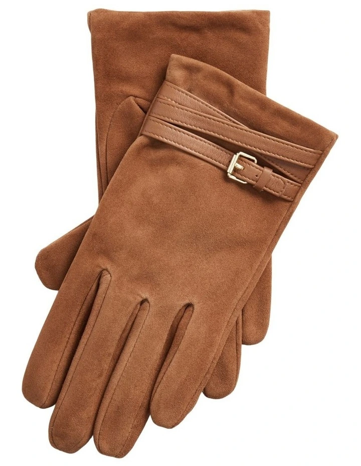 Leather-Trim Sheep-Suede Gloves in Brown