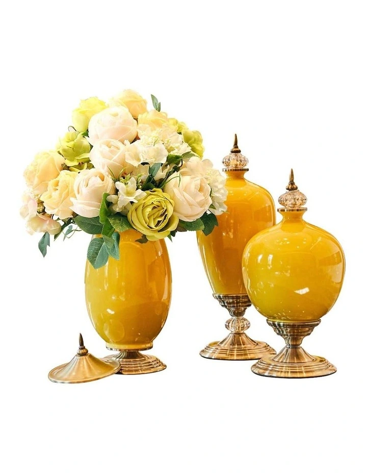 3x Ceramic Oval Flower Vase with White Flower Set in Yellow