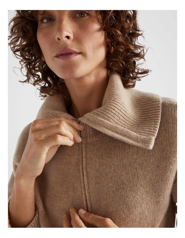 Merino Wool Funnel Neck Knit in Champagne Beige Marle