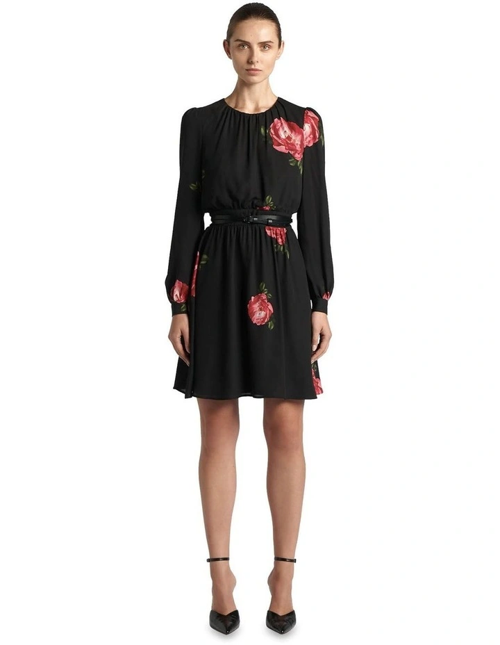 Rose Long Sleeve Mini Dress in Black