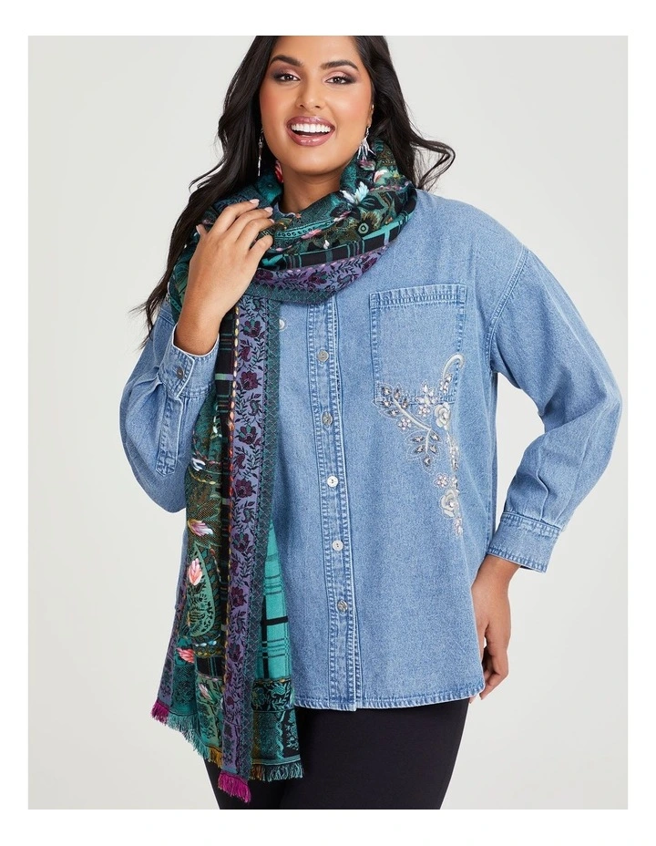Ocean Geo Embroidered Scarf in Green
