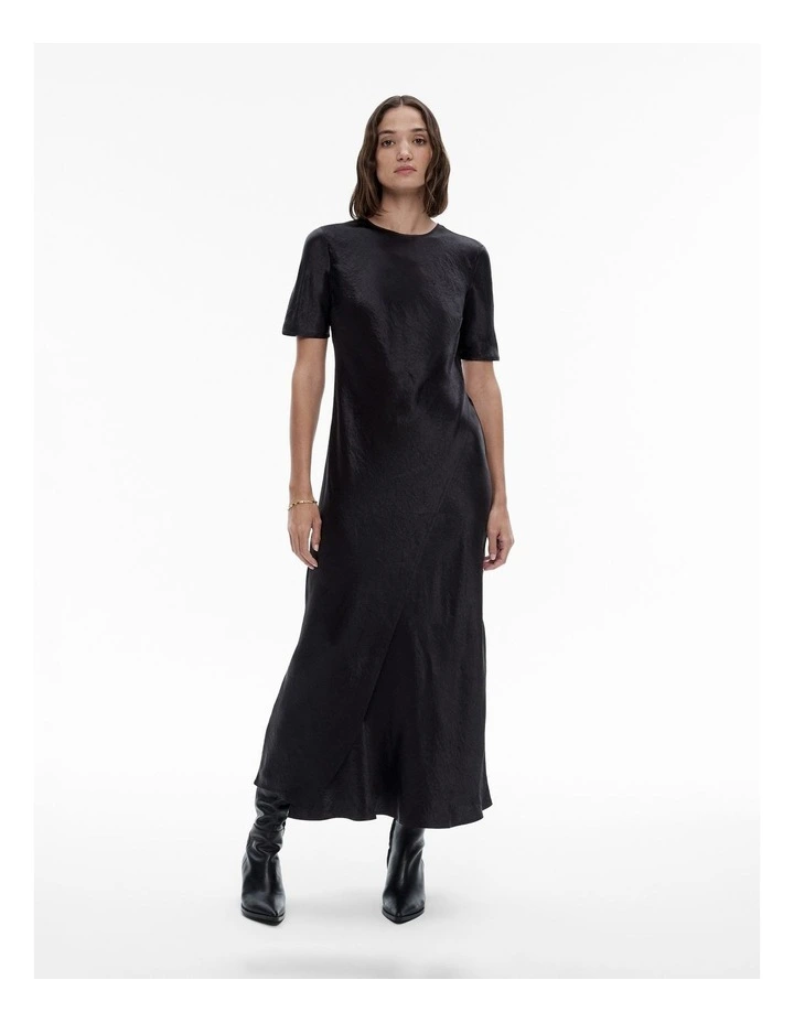 Acetate Short Sleeve Slip Dress in Black