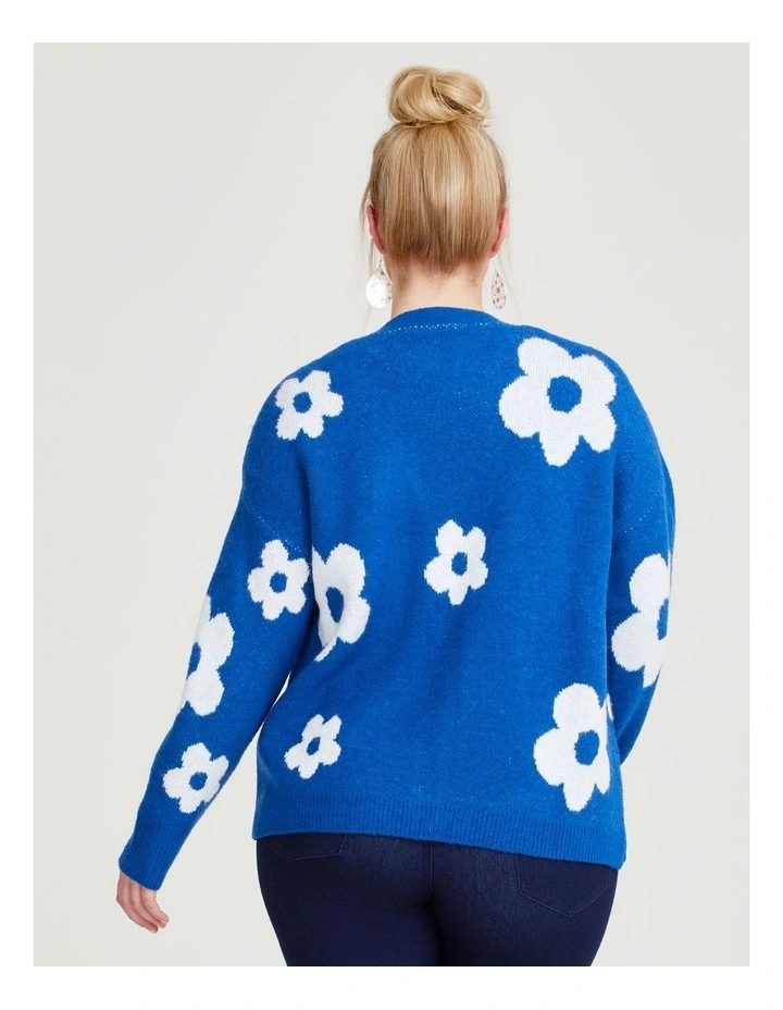 Daisy Flower Knit Cardigan in Seaport/Off White