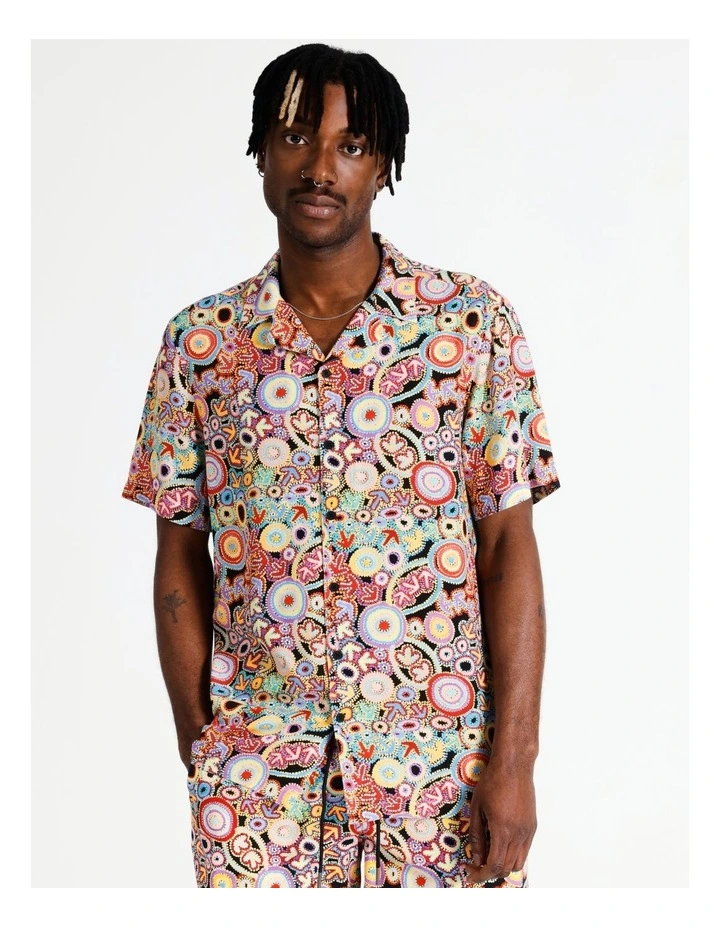 Yankirri Jukurrpa Print Rayon Shirt in Black