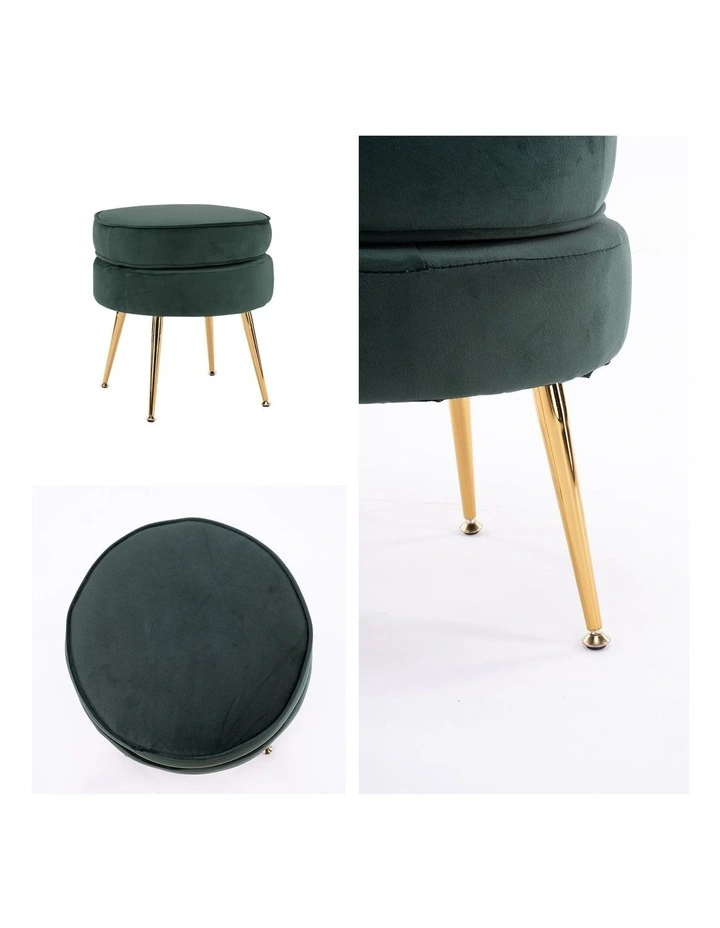 Velvet Fabric Metal Leg Round Foot Stool in Green
