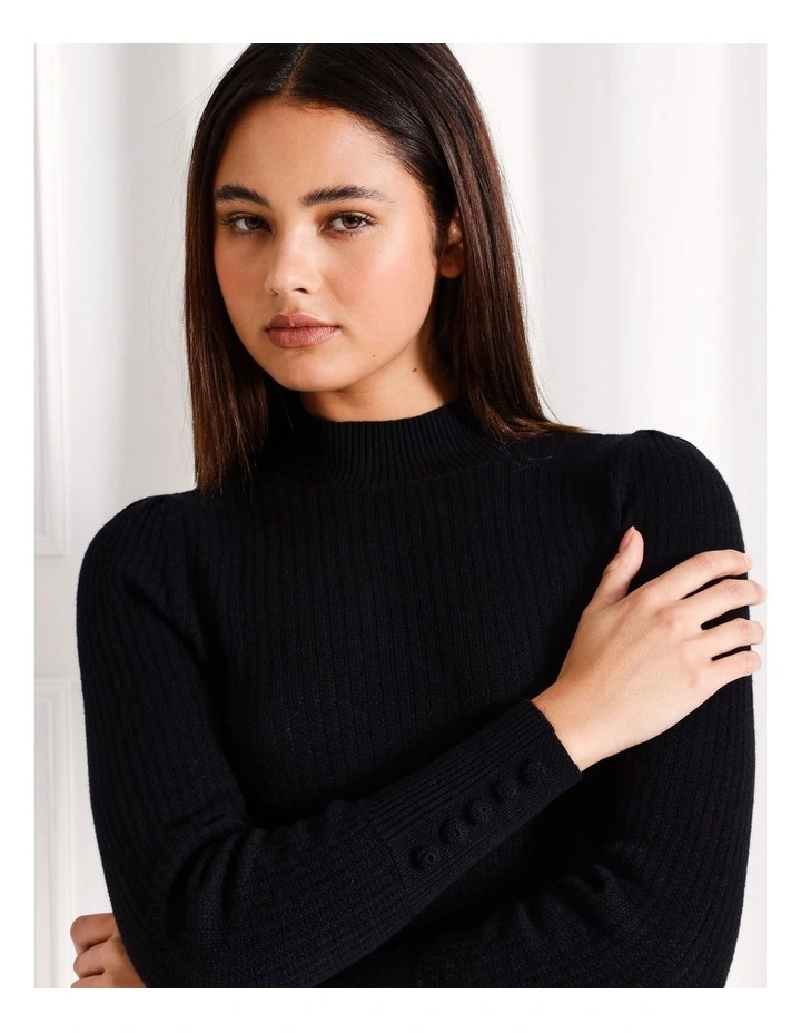 Crochet Button Detail Rib Knit Jumper in Black
