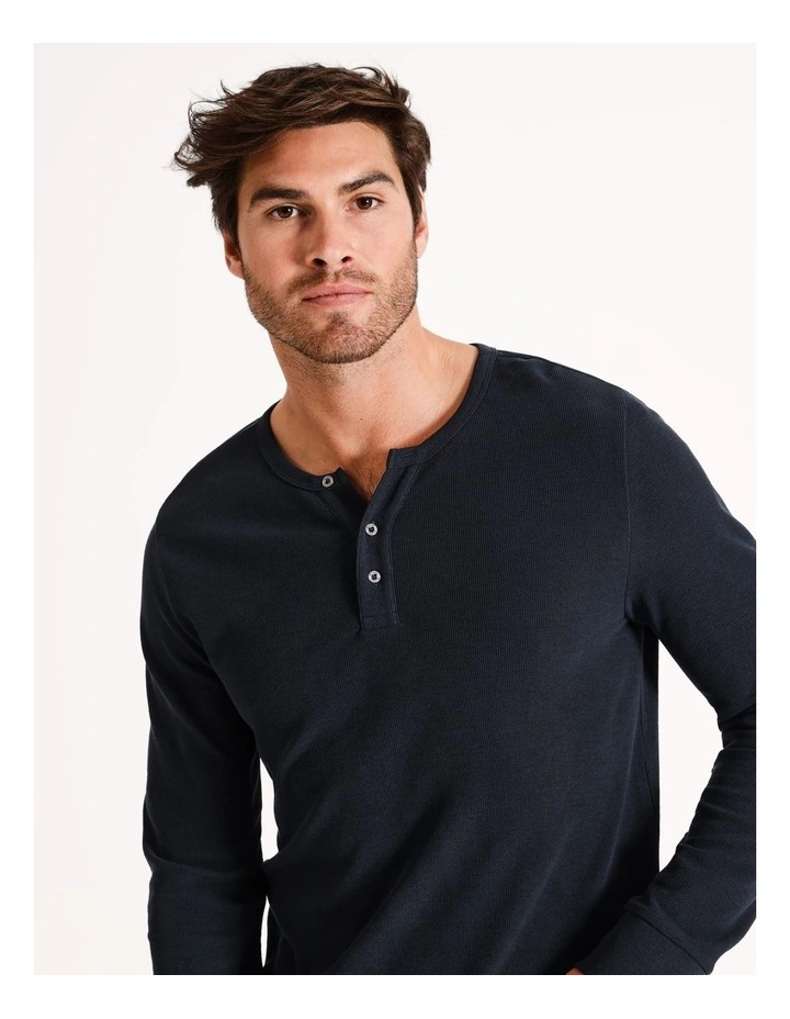 Neeson Long Sleeve Waffle Henley Tee in Ink