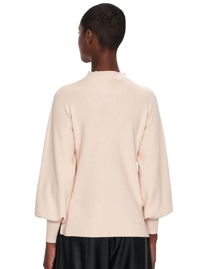 Blouson Sleeve Funnel Neck Knit Top in Stone