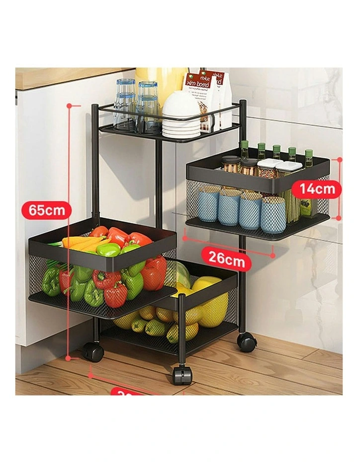 3 Tier Steel Square Rotating Kitchen Storage Organizer with Wheels in Black