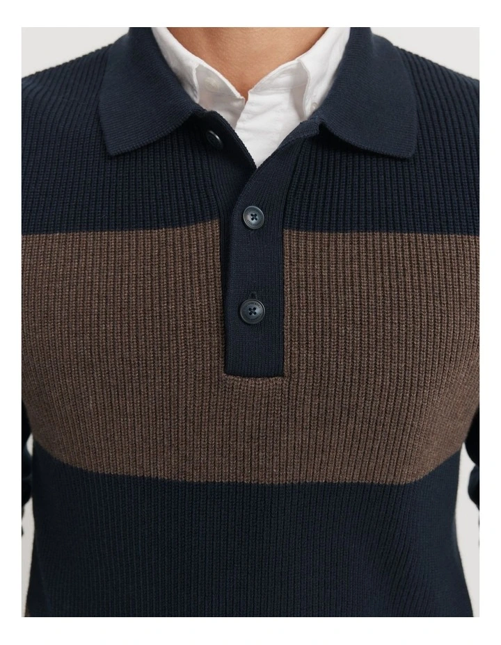 Australian Cotton Blend Stripe Wool Blend Polo in Navy