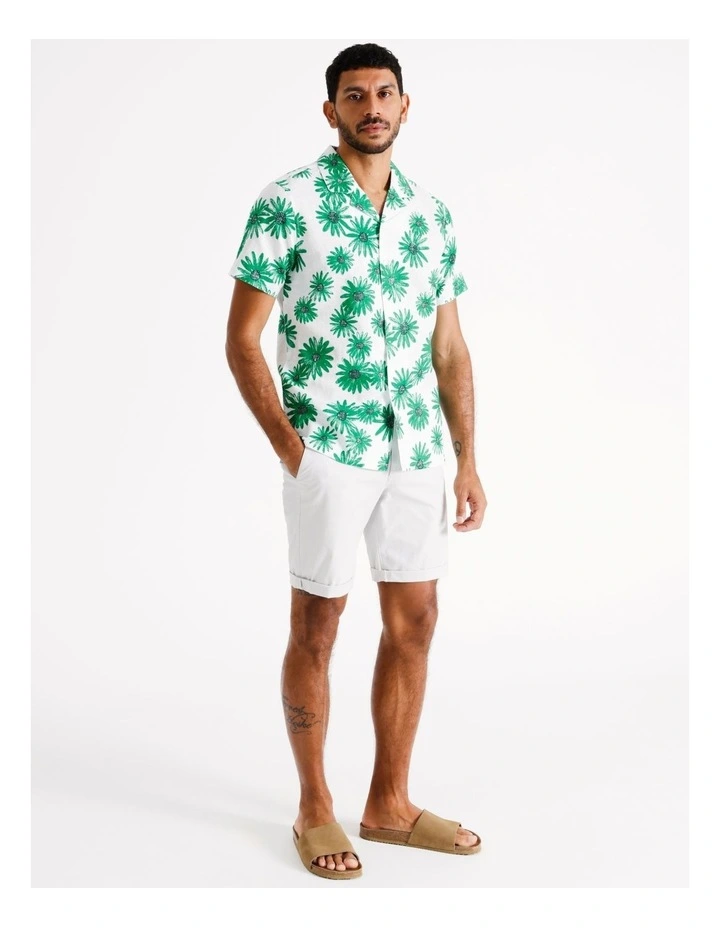 Casper Floral Print Short Sleeve Linen Blend Shirt in Green