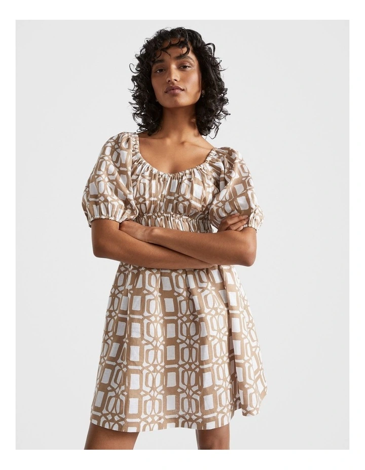 Linen Retro Mini Dress in Beige