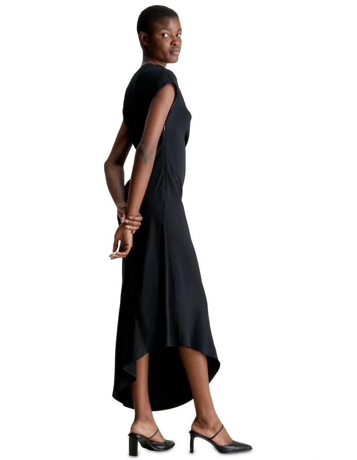 Stretch Crepe Draped Midi Dress in Black