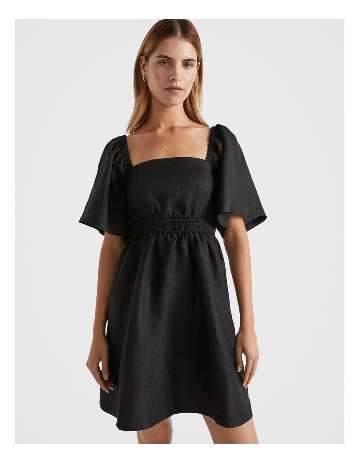 Linen Square Neck Mini Dress in Black