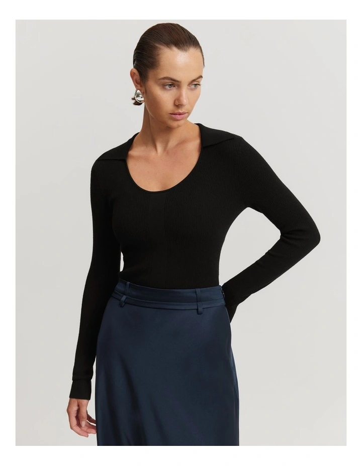 Australian Merino Wool Silk Collared Knit in Black