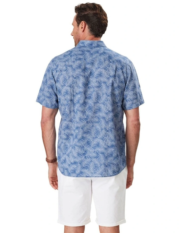 Linen Blend Leaf Print Short Sleeve Shirt in Navy
