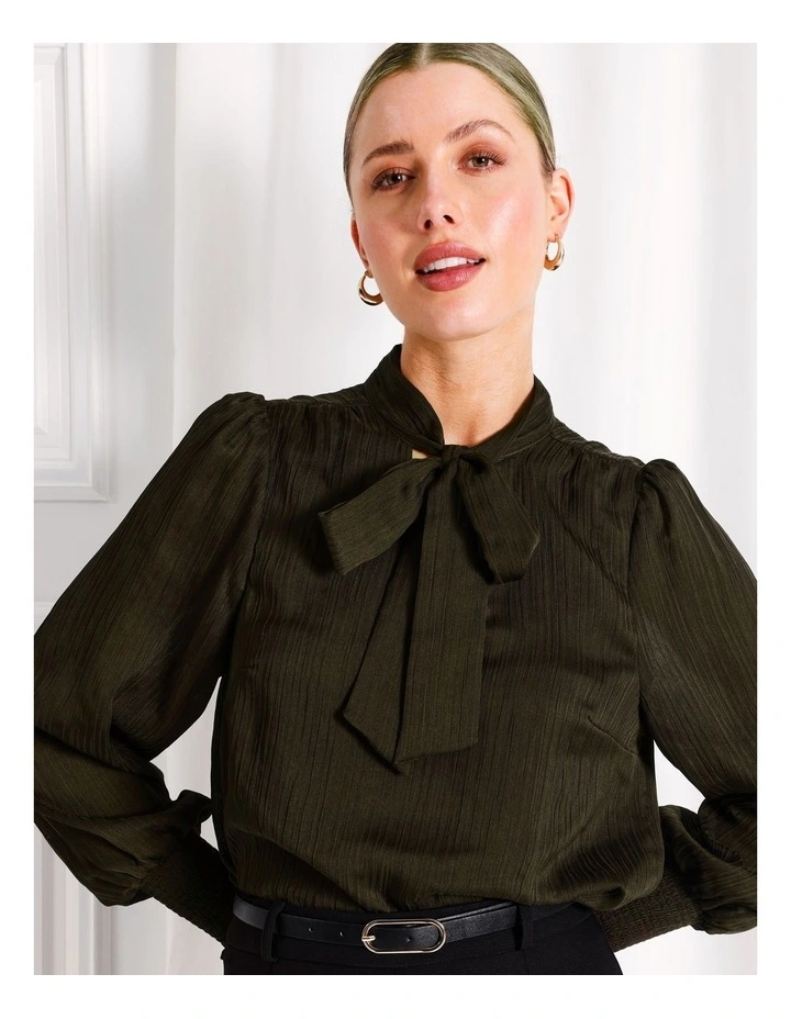 Neck Tie Shirred Cuff Blouse in Khaki