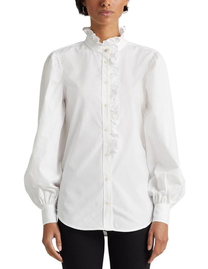 Ruffle-Trim Cotton Broadcloth Shirt in White