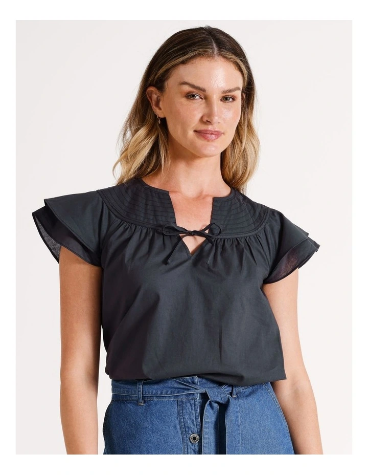 Organic Frill Sleeve Yoke Detail Top in Charcoal