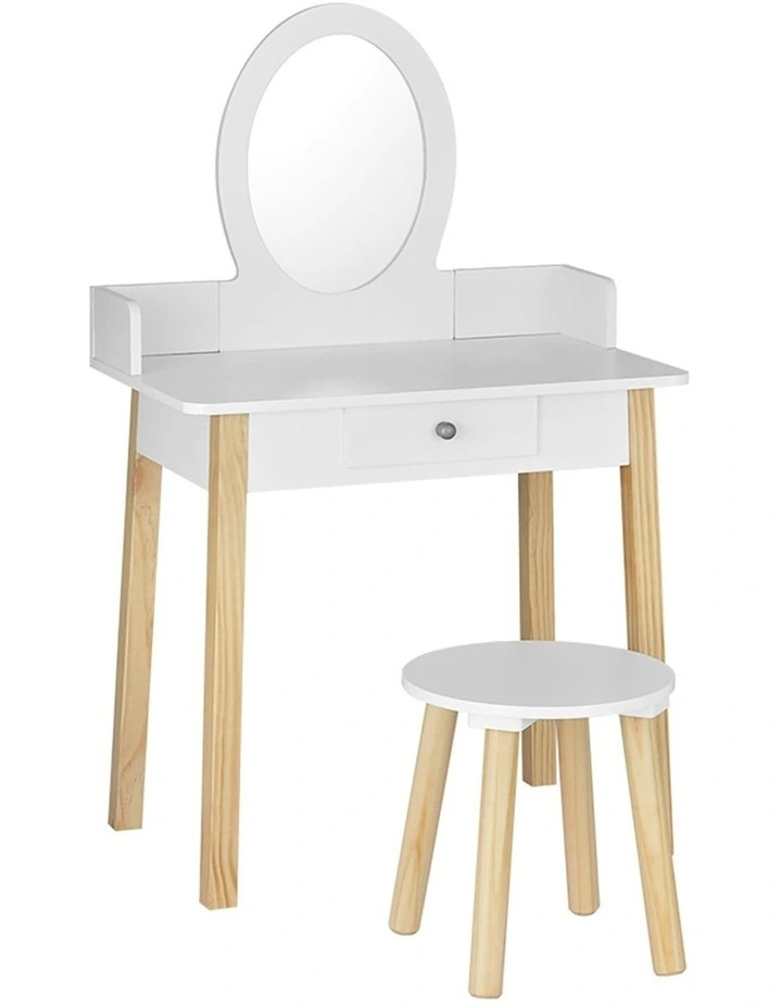Kids Dressing Table Chair Set Wooden Leg Vanity Makeup Drawer Mirror