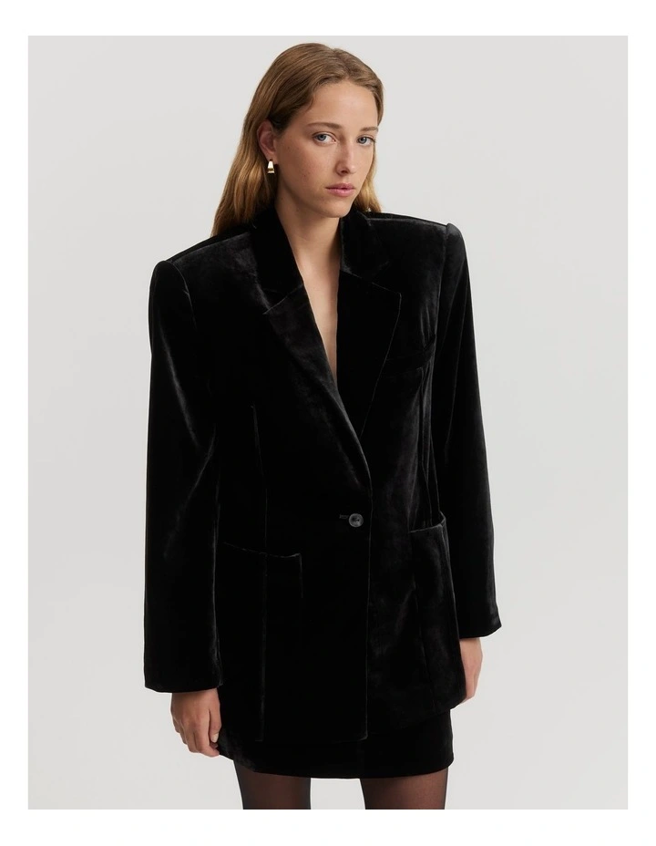 Velvet Single-Breasted Blazer in Black