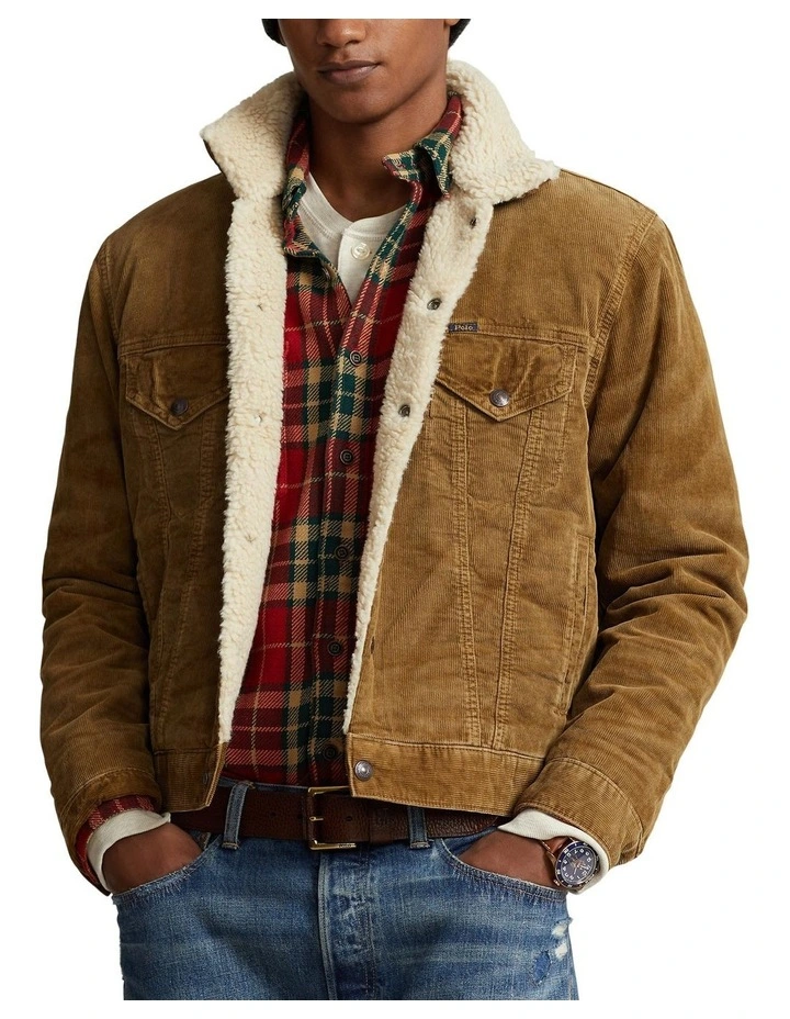 Fleece-Lined Corduroy Trucker Jacket in Beige
