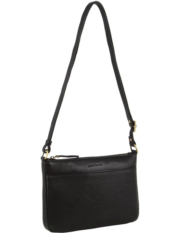 Perforated Leather Multi Compartment Cross-body Bag in Black
