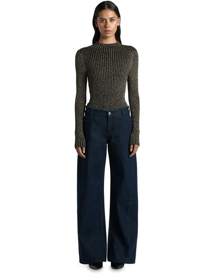 Funnel Neck Lurex Ribbed Knit in Black Gold