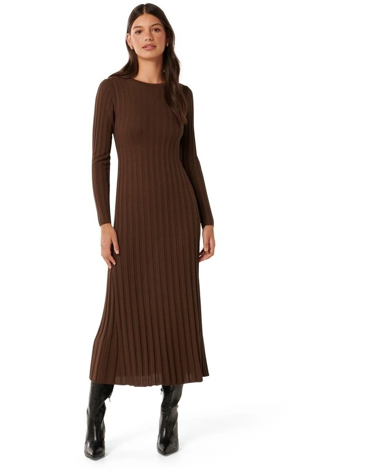 Lyla Crew Neck Detail Knit Dress in Brown