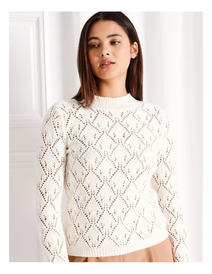 High Neck Pointelle Jumper in White