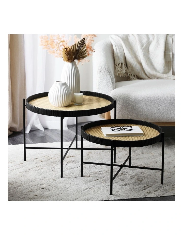 Lindi Rattan Coffee Tables Set of 2 in Natural/Black