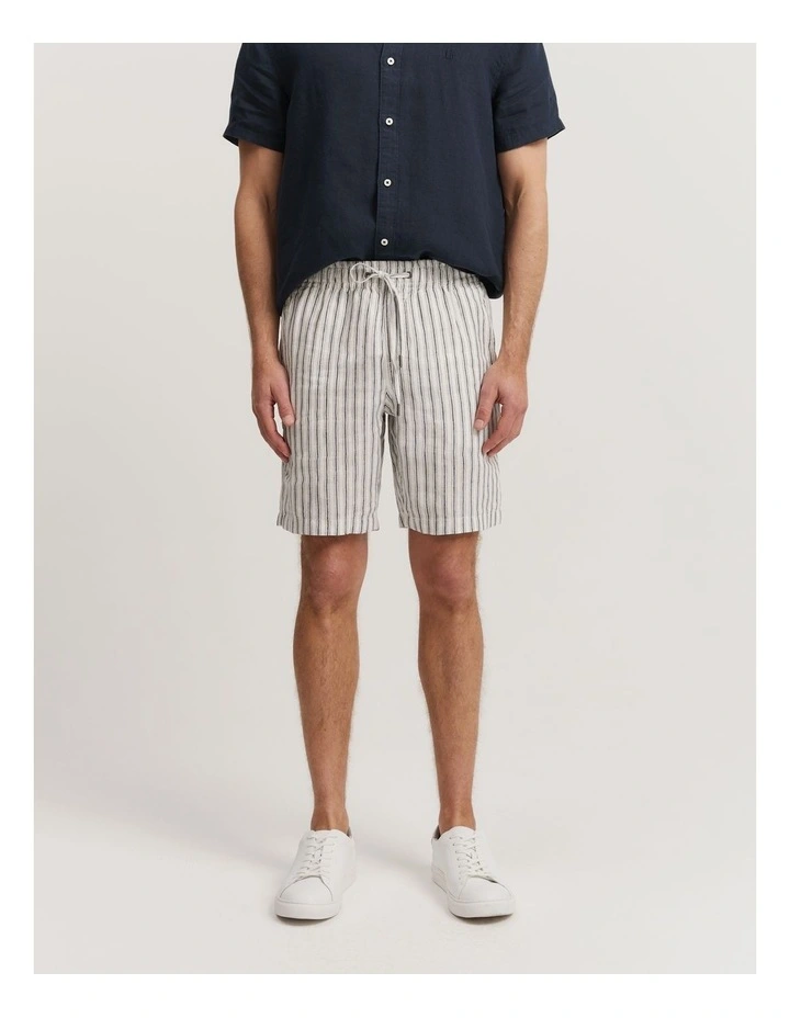 Organically Grown Linen Stripe Drawcord Short in Navy