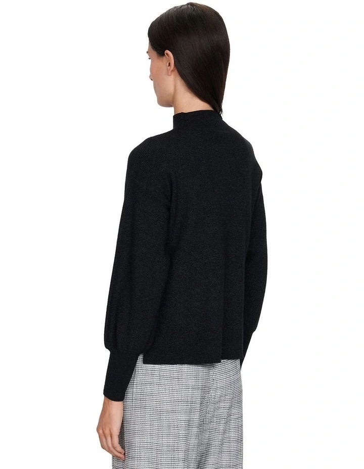 Blouson Sleeve Funnel Neck Knit Top in Black Melange
