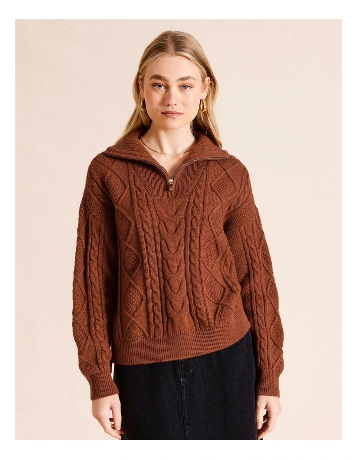 Half Zip Cable Knit Jumper in Chocolate