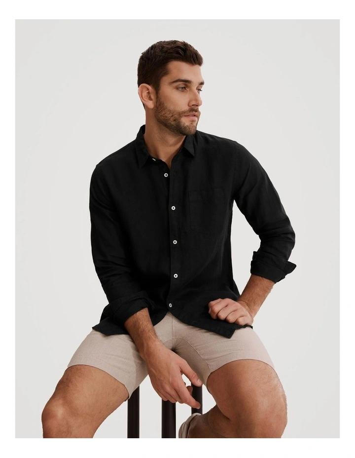 Regular Fit Organically Grown Linen Shirt in Black