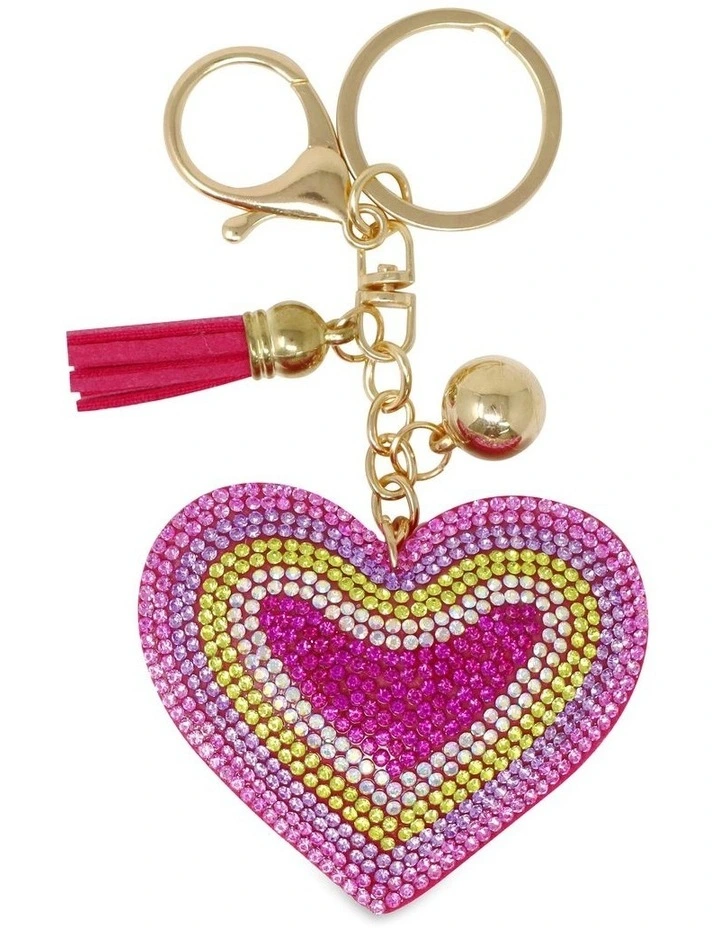 Rainbow Heart Jewelled Bag Charm in Pink
