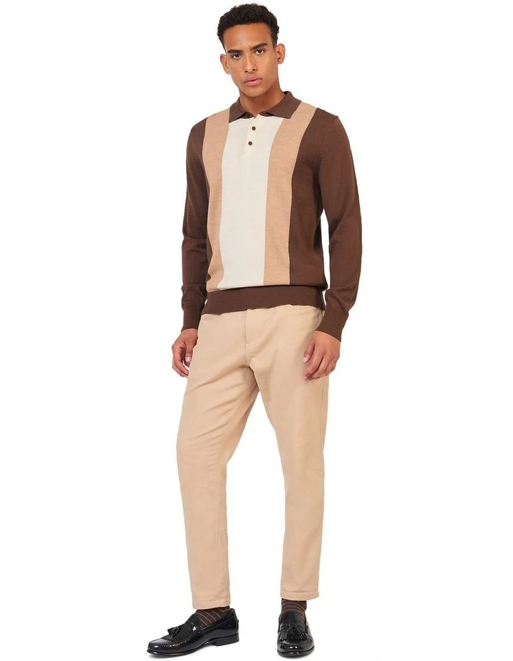 Block Stripe Merino Polo Shirt in Brown