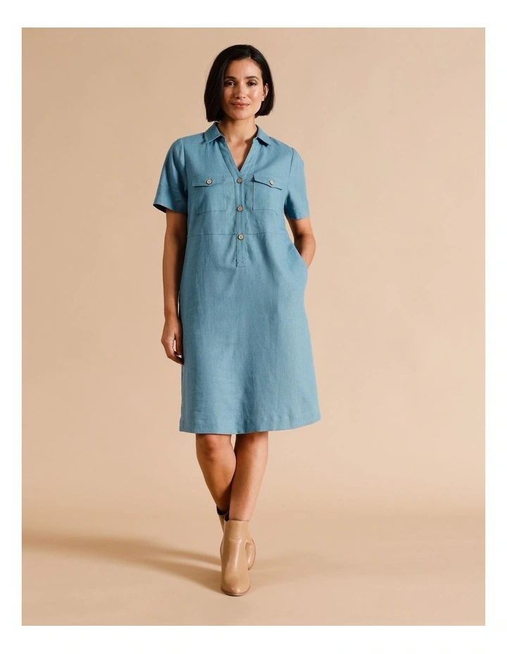 European Linen Blend Short Sleeve Shirt Dress In Blue/Green Texture