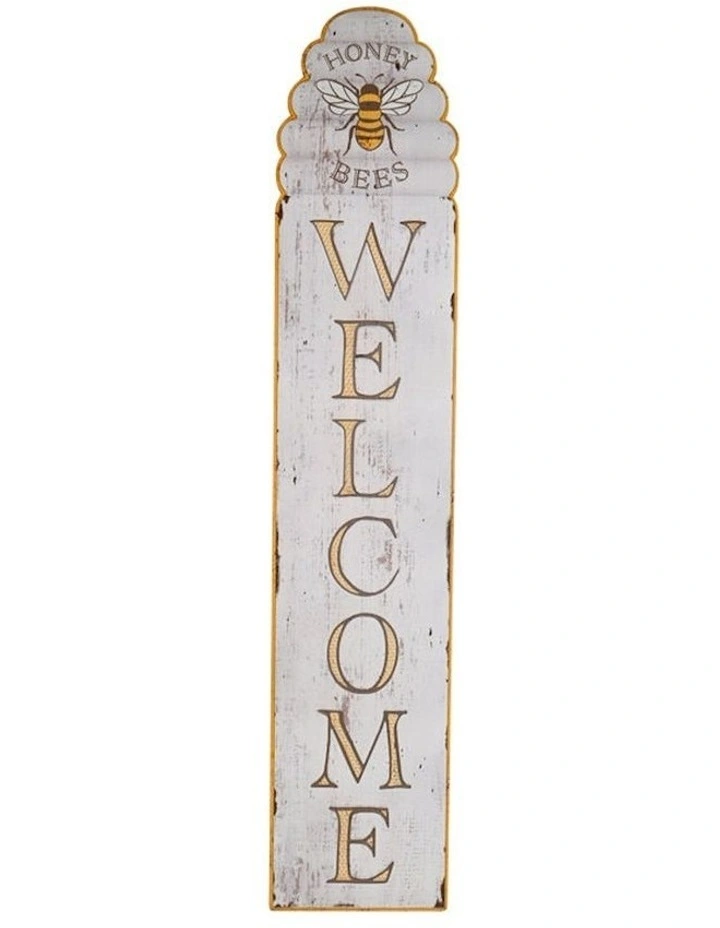 Honey Bees Welcome 120cm Wall Sign in Distressed White/Yellow