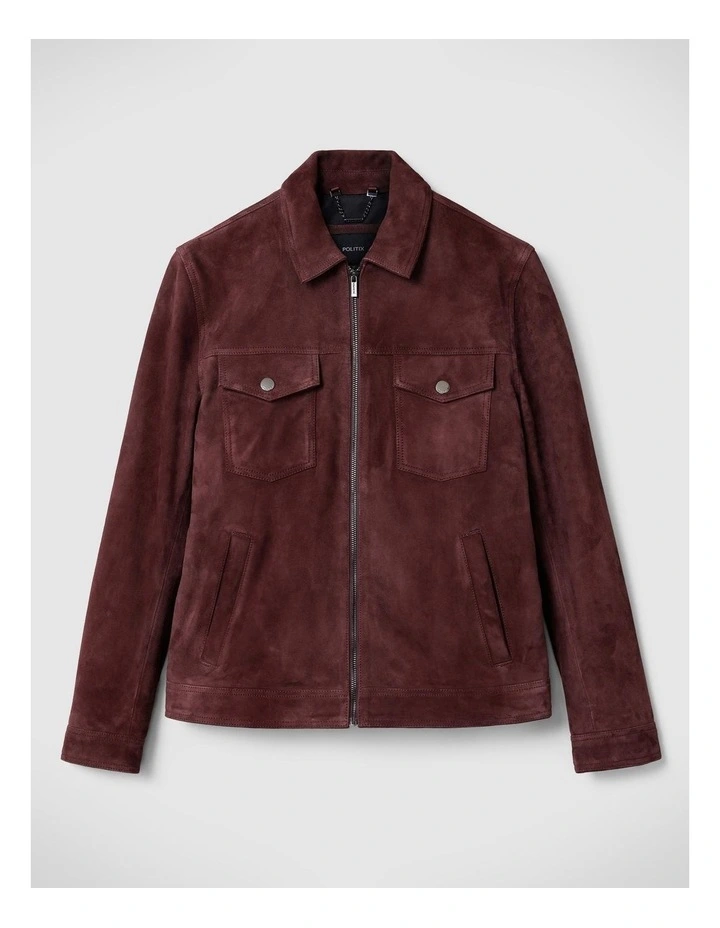 Suede Leather Trucker Jacket in Oxblood