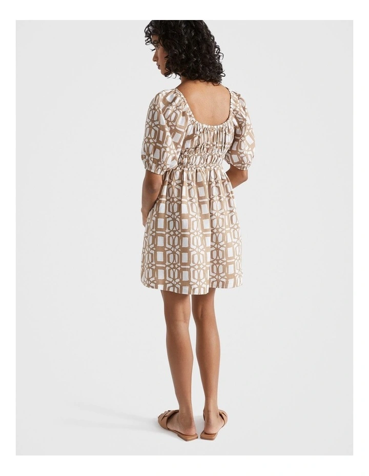 Linen Retro Mini Dress in Beige