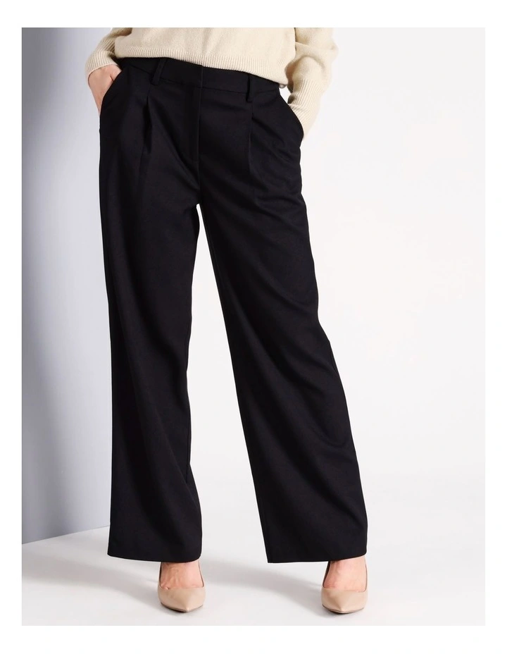 Recycled Polyester Blend Pleated Wide Leg Pant in Black