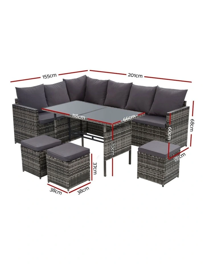 Outdoor Dining 9 Seater Sofa Set In Grey