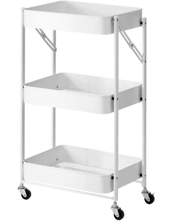 3 Tier Steel Foldable Kitchen Storage Organizer with Wheels in White