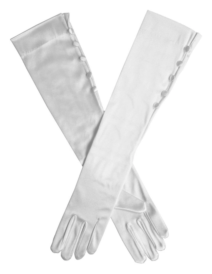 Satin Elbow Length Gloves with Button Trim in White