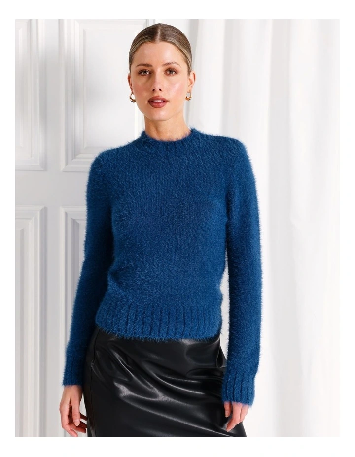 Recycled Blend Fluffy Crew Neck Knit Top in Cobalt