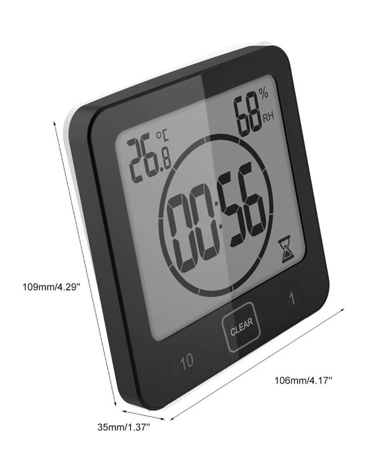 Splash Proof Timer Shower Eye Friendly LCD Touch Screen Clock in Black