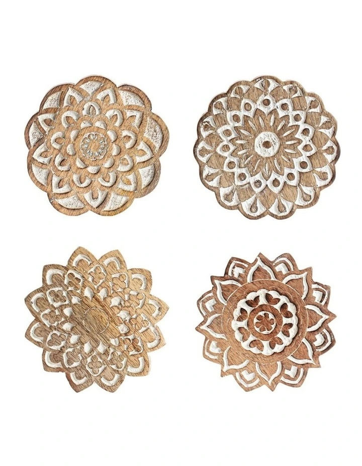 Handcrafted Mandala 4-Piece Coaster Set in Natural