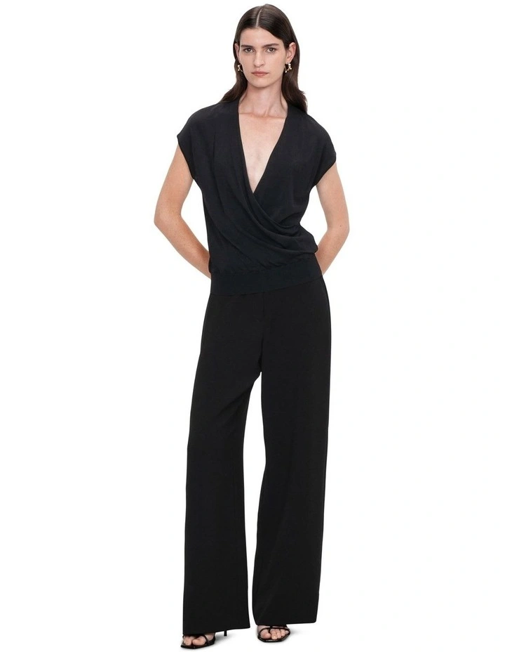 Draped Wrap Front Knit Top in Black